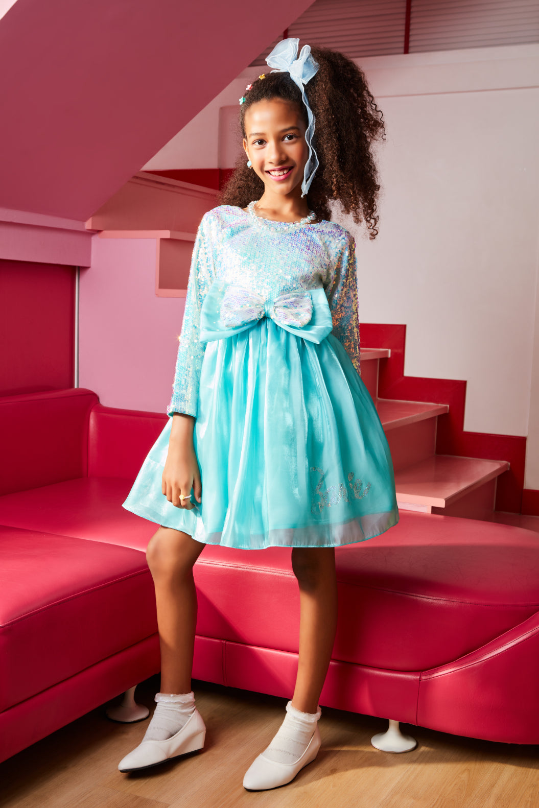 Barbie Aqua Blue Sequin Net Bow Party Dress For Girls Sparkly Birthday  Gown Kids Tiny Girl India