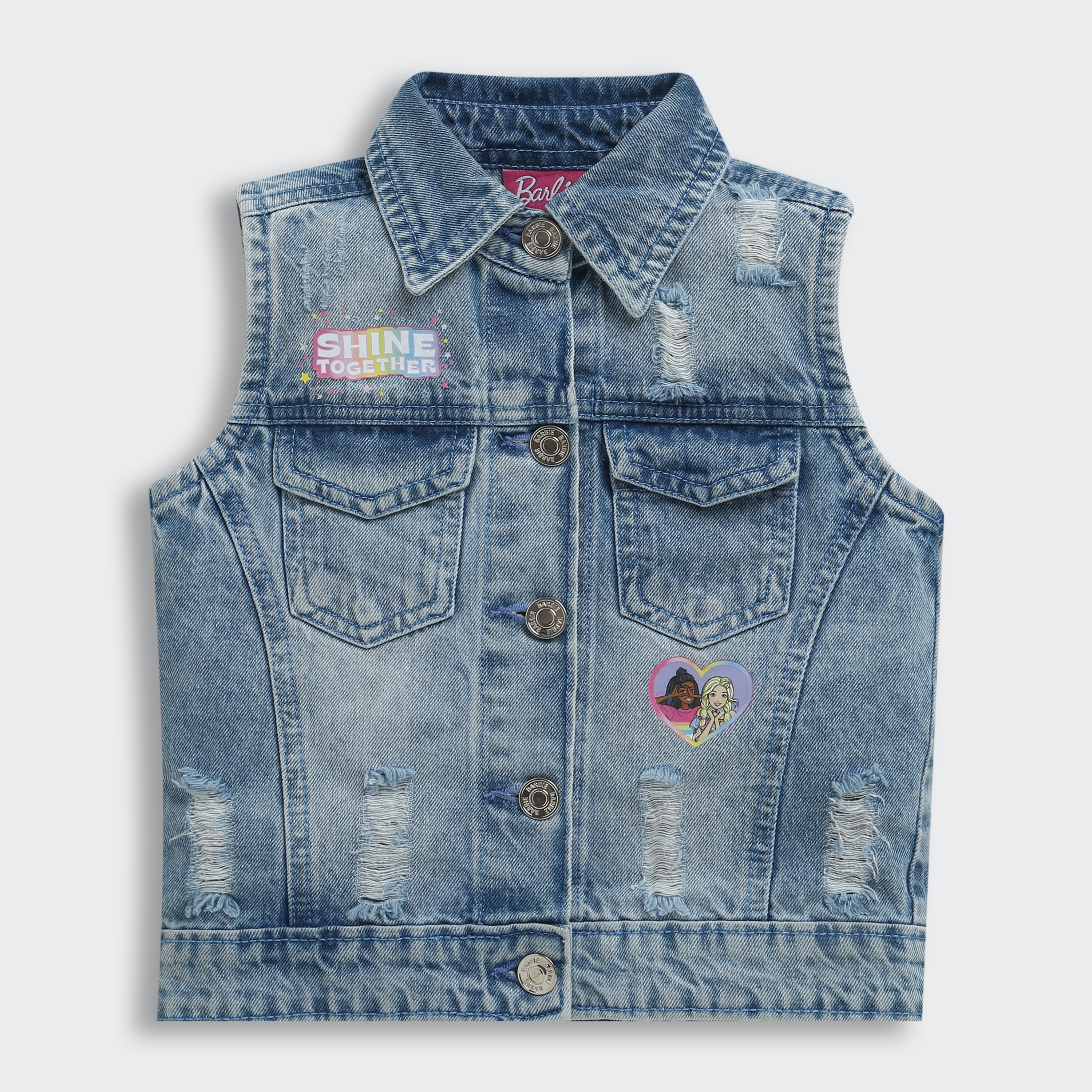 Barbie Blue Denim Sleeveless Jacket For Girls Distressed Casual