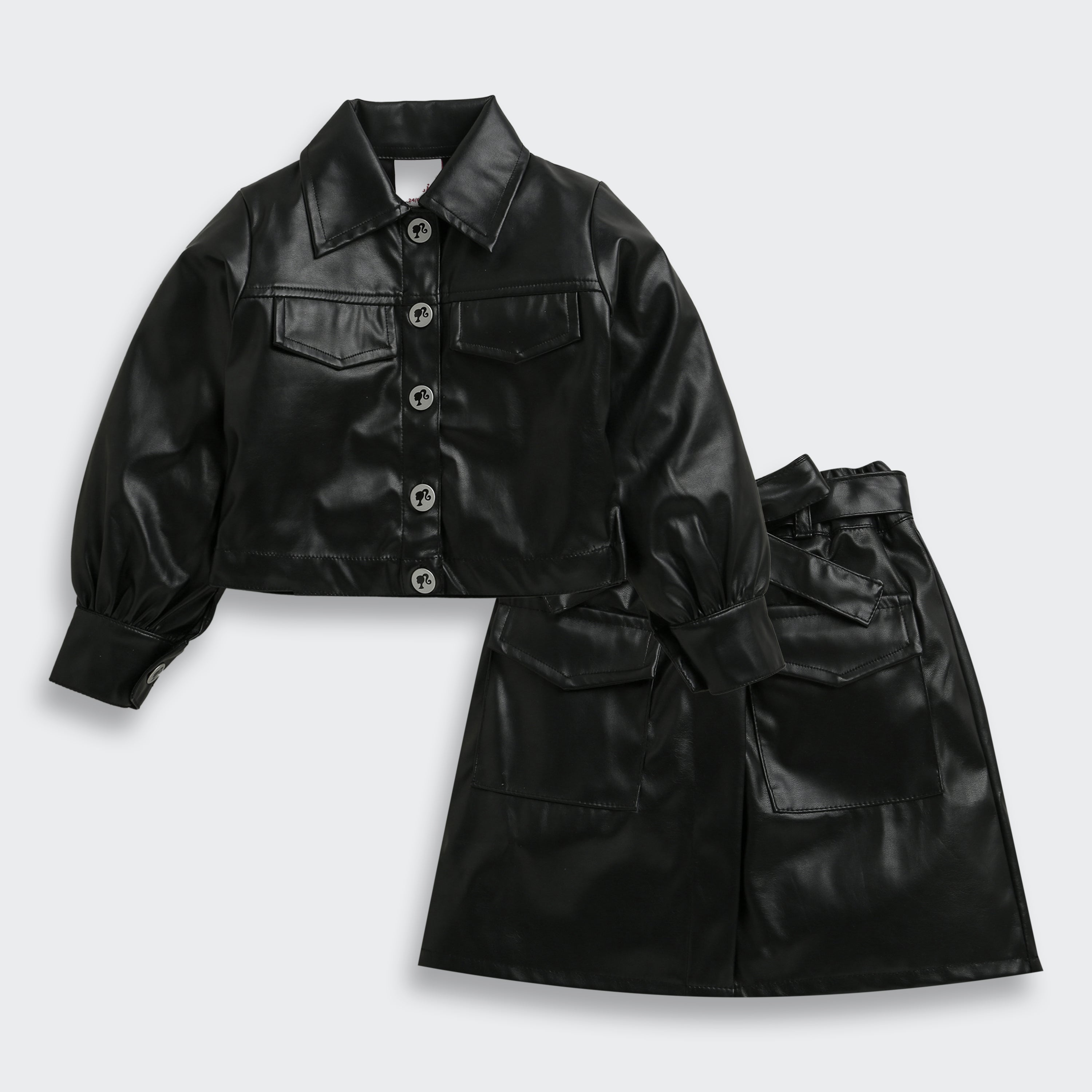 Girls Black Leather Look Jacket Skirt Chic Co-Ord Set Online