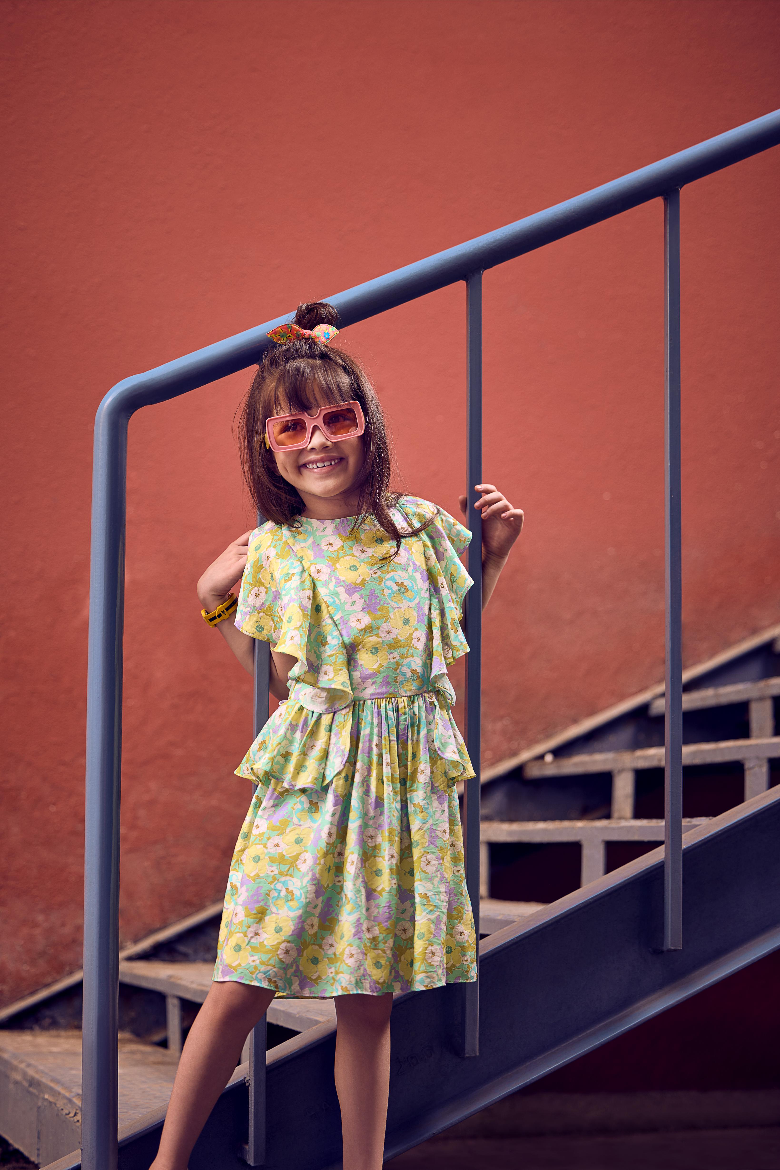 Green Floral Ruffle Layer Dress M2433 Tiny Girl Green Floral Ruffle Layer Dress M2433 Tiny Girl