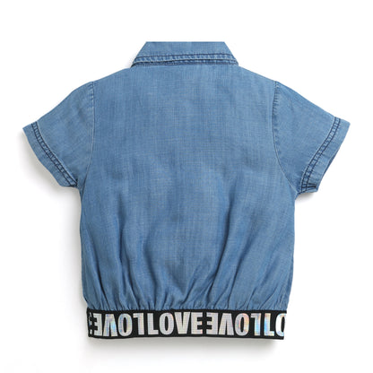 Blue Color Denim Shirt  Adorn With Elastic Printed Tape At Bottom Hem