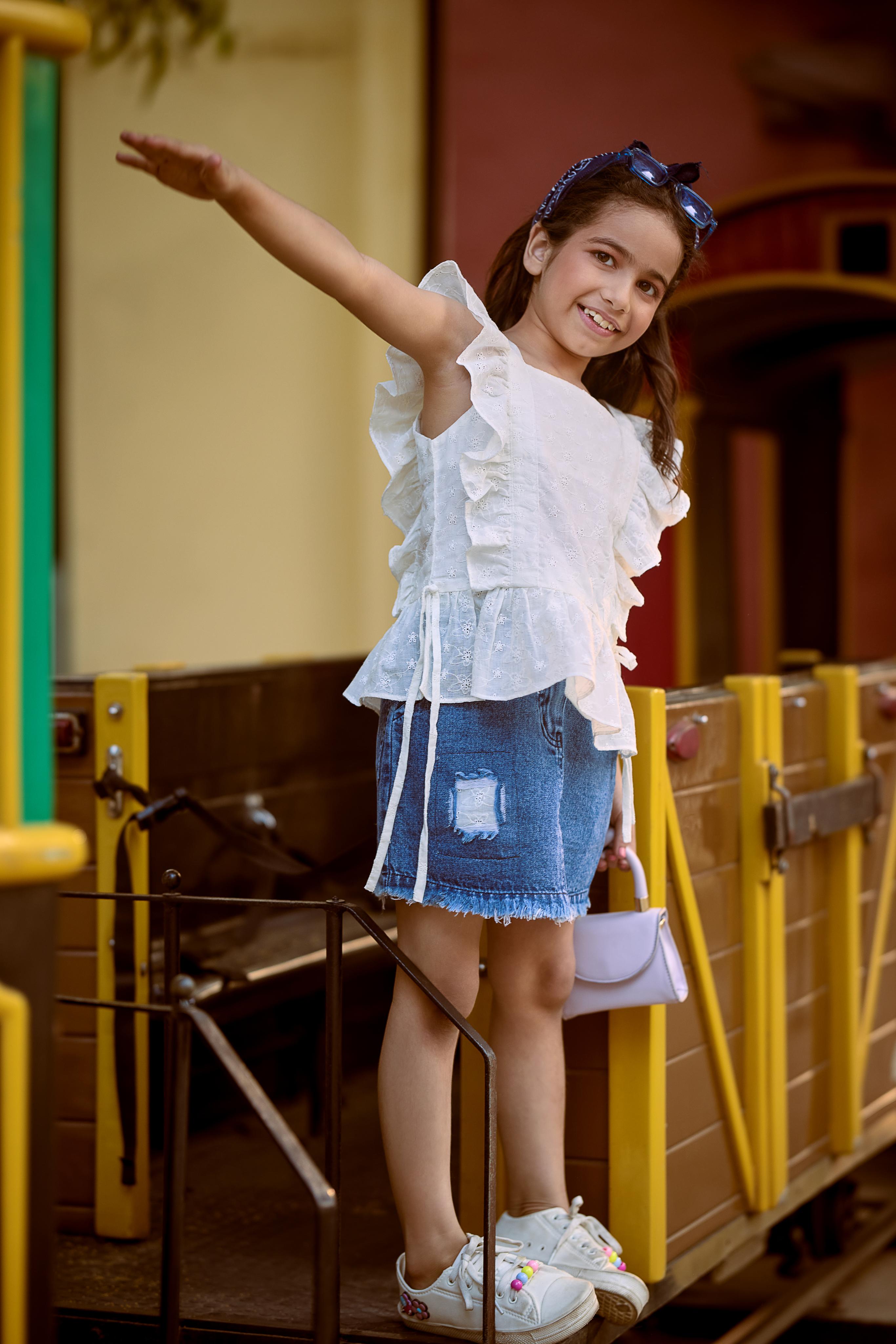 Tiny Girl Ruffled White Top with Tie-Up Detail and Denim Skirt