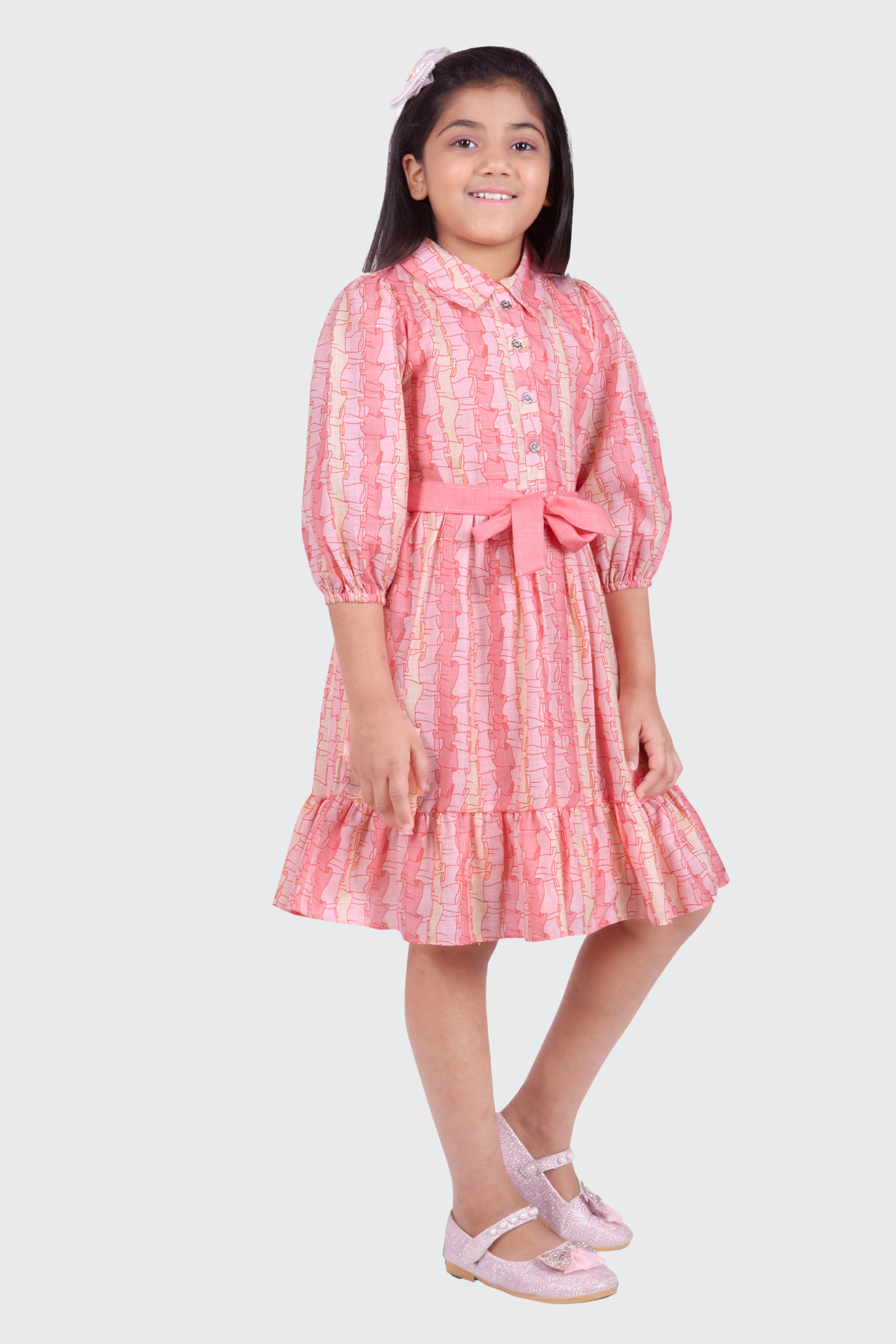 Barbie Peach Striped Collared Button-Down Dress | Girls Stylish Party Dress India | Toddler