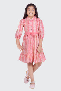 Barbie Peach Striped Collared Button-Down Dress | Girls Stylish Party Dress India | Toddler