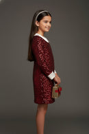 Girls Maroon Sequin Party Dress with White Collar – Kids Fancy Birthday Outfit