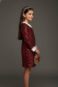 Girls Maroon Sequin Party Dress with White Collar – Kids Fancy Birthday Outfit