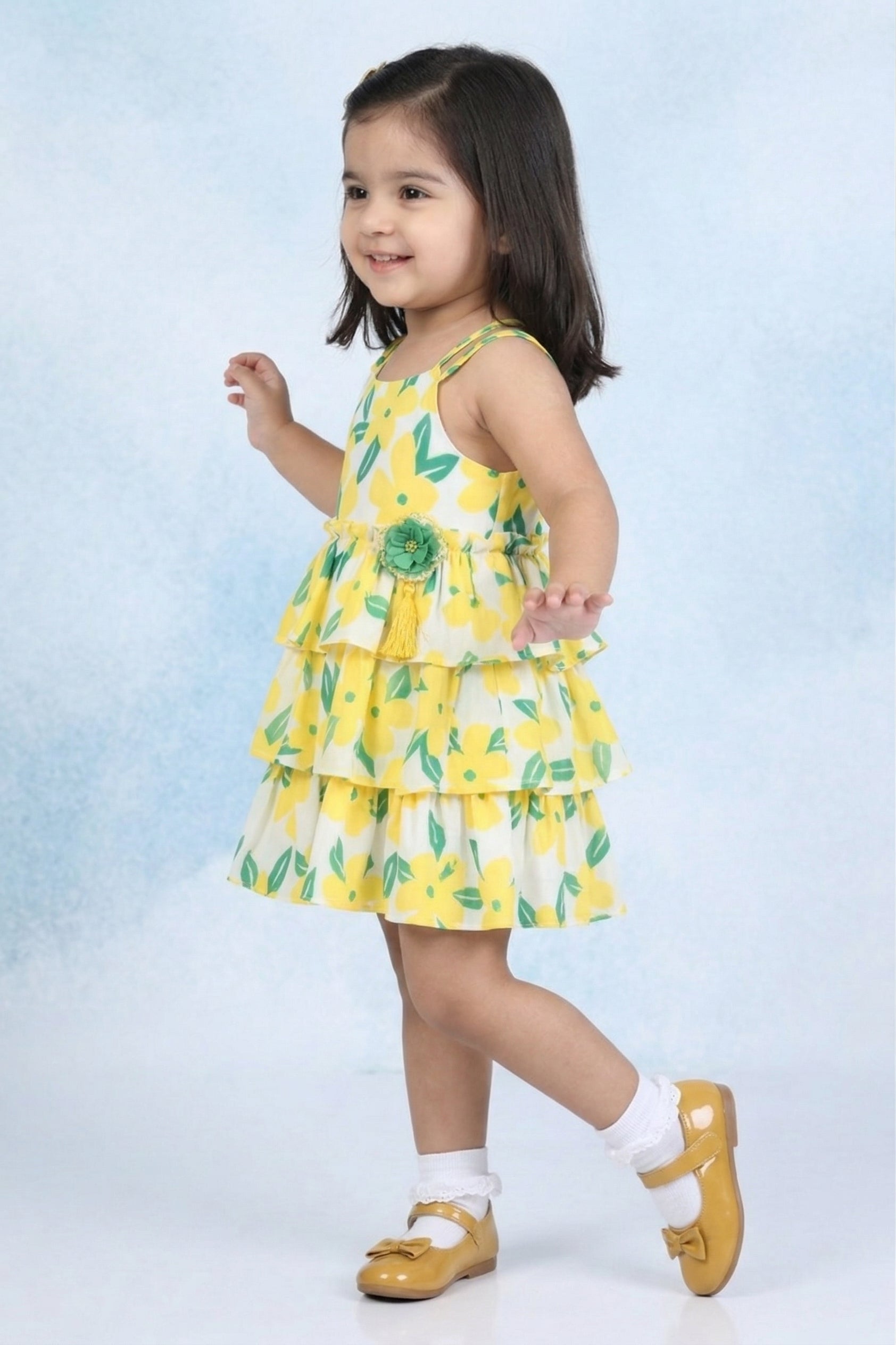 Girls Yellow Sleeveless Floral Tiered Dress TSM30571