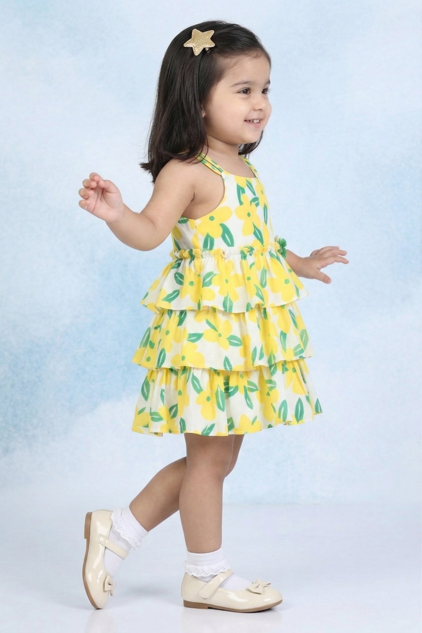 Girls Yellow Sleeveless Floral Tiered Dress TSM30571