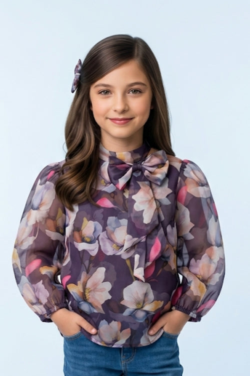 Purple Floral Sheer Organza Top TG6460