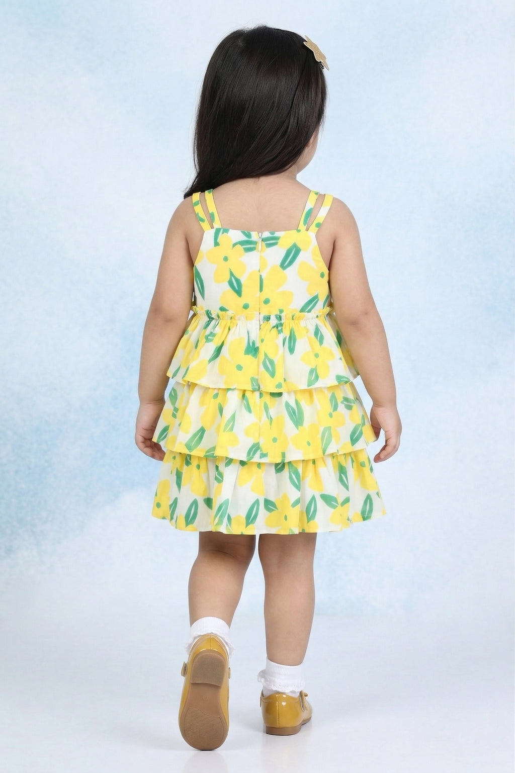Girls Yellow Sleeveless Floral Tiered Dress TSM30571
