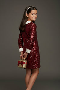 Girls Maroon Sequin Party Dress with White Collar – Kids Fancy Birthday Outfit