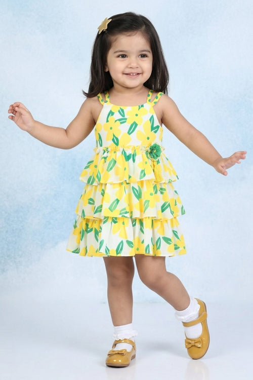 Girls Yellow Sleeveless Floral Tiered Dress TSM30571