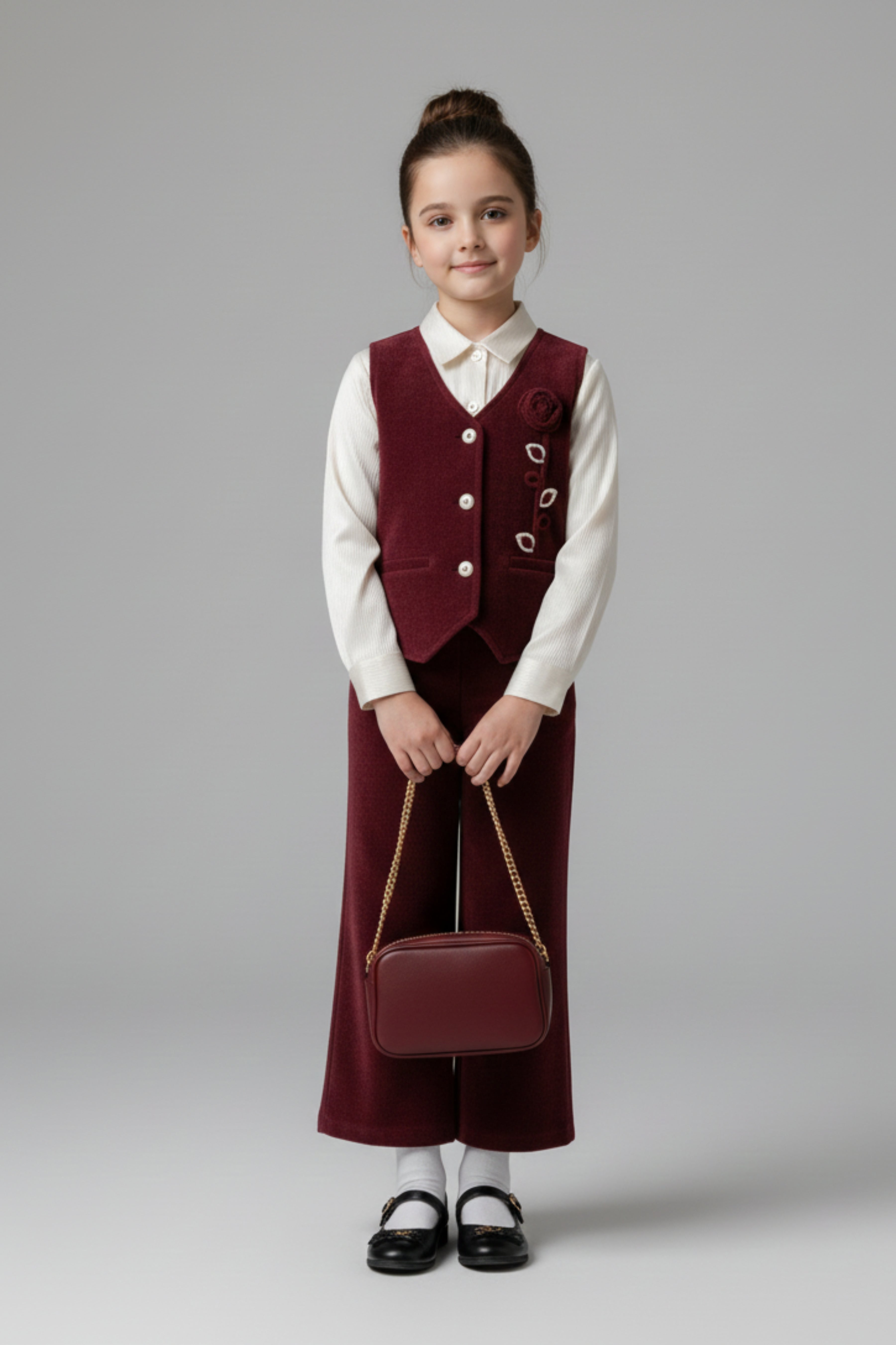 Girls Maroon Waistcoat & Trouser Set – Elegant Party Wear with White Shirt