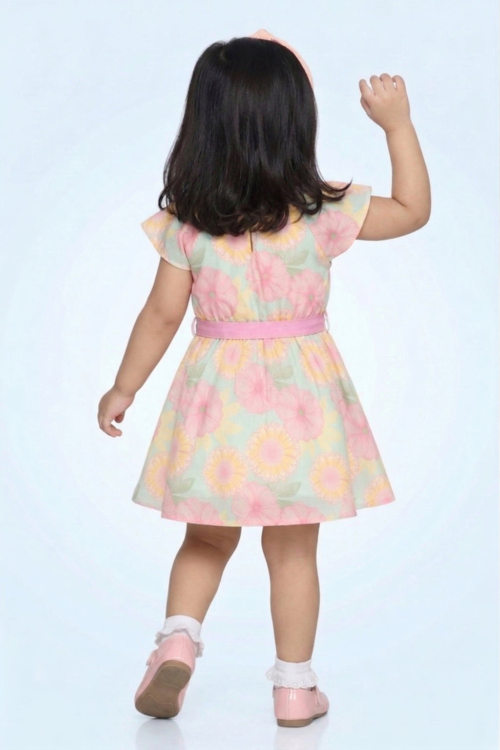 Girls Mint & Pink Floral Belted Dress TSM30583