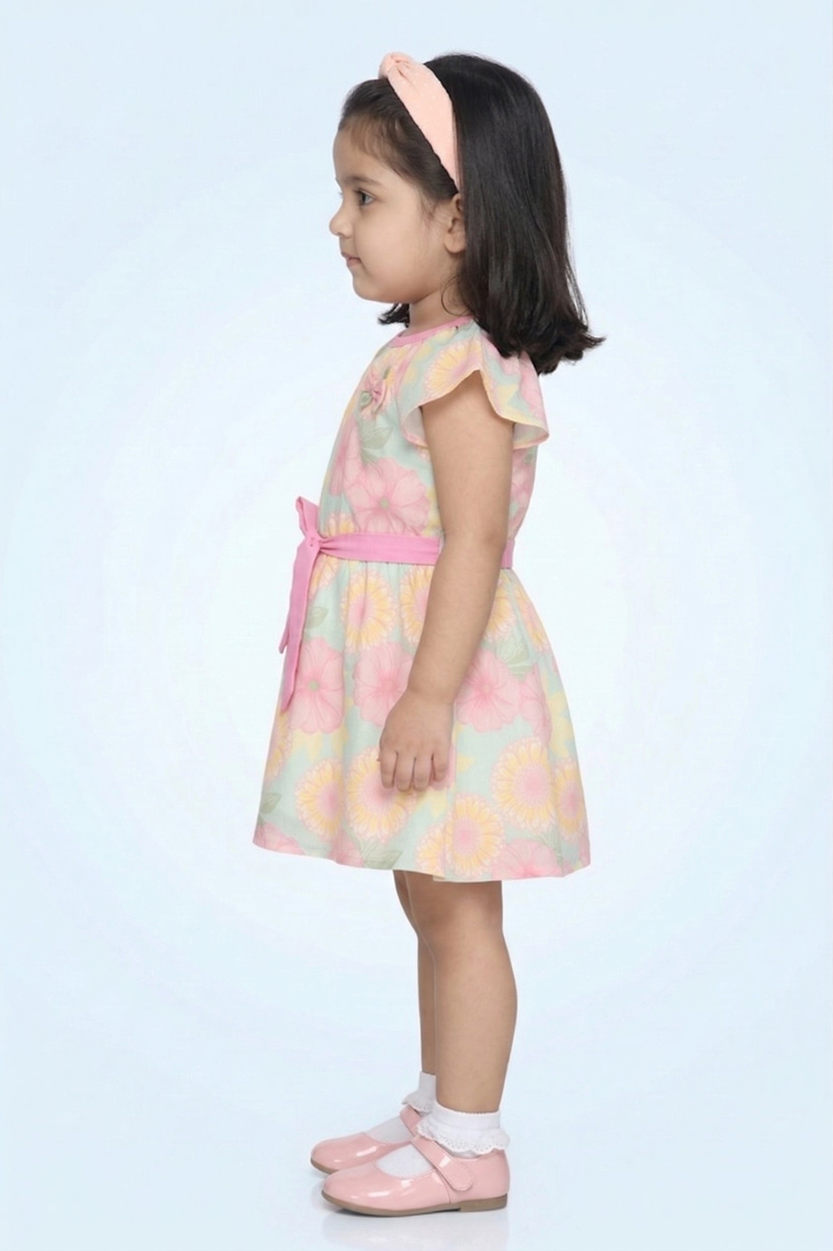 Girls Mint & Pink Floral Belted Dress TSM30583
