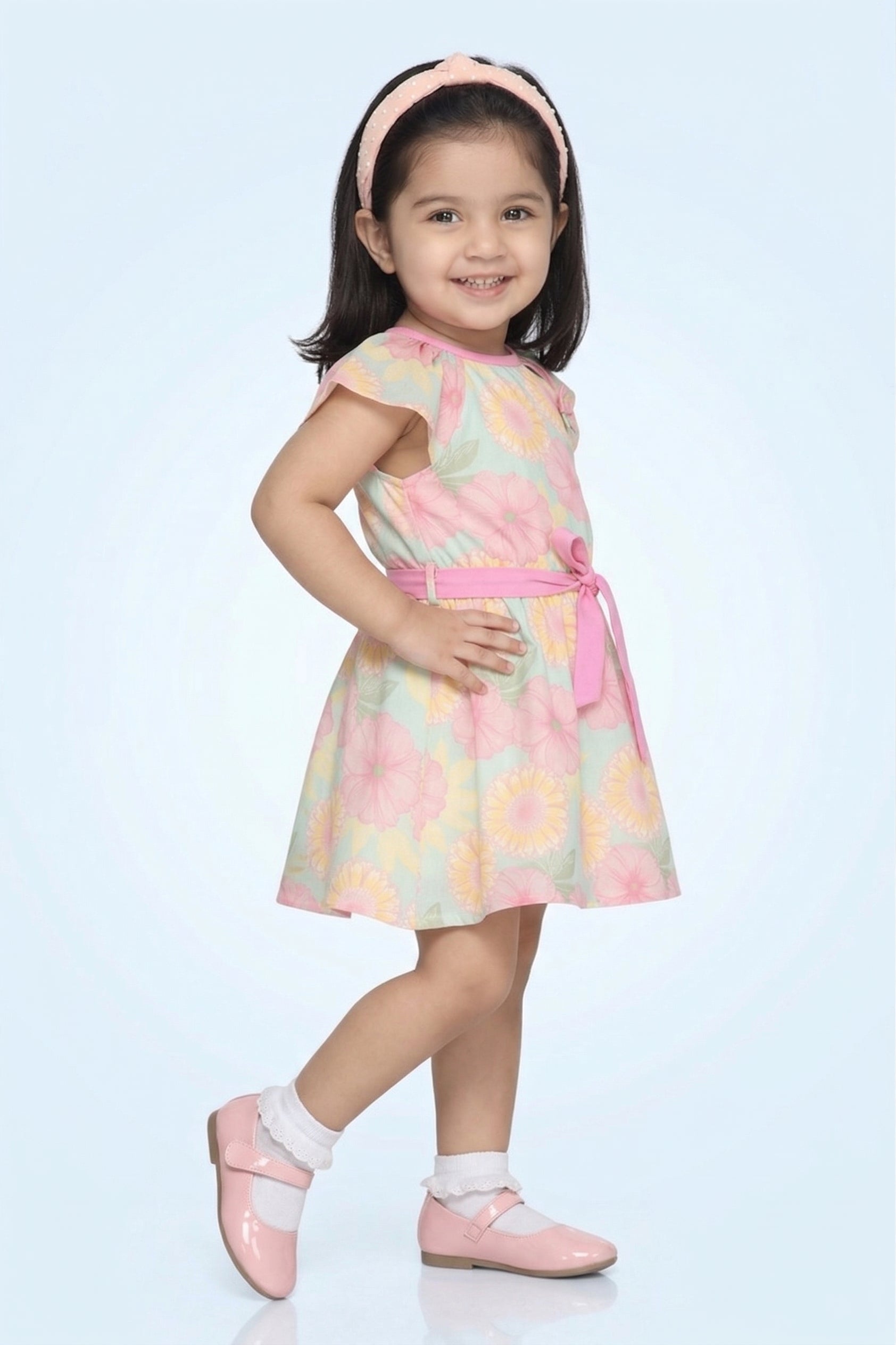 Girls Mint & Pink Floral Belted Dress TSM30583