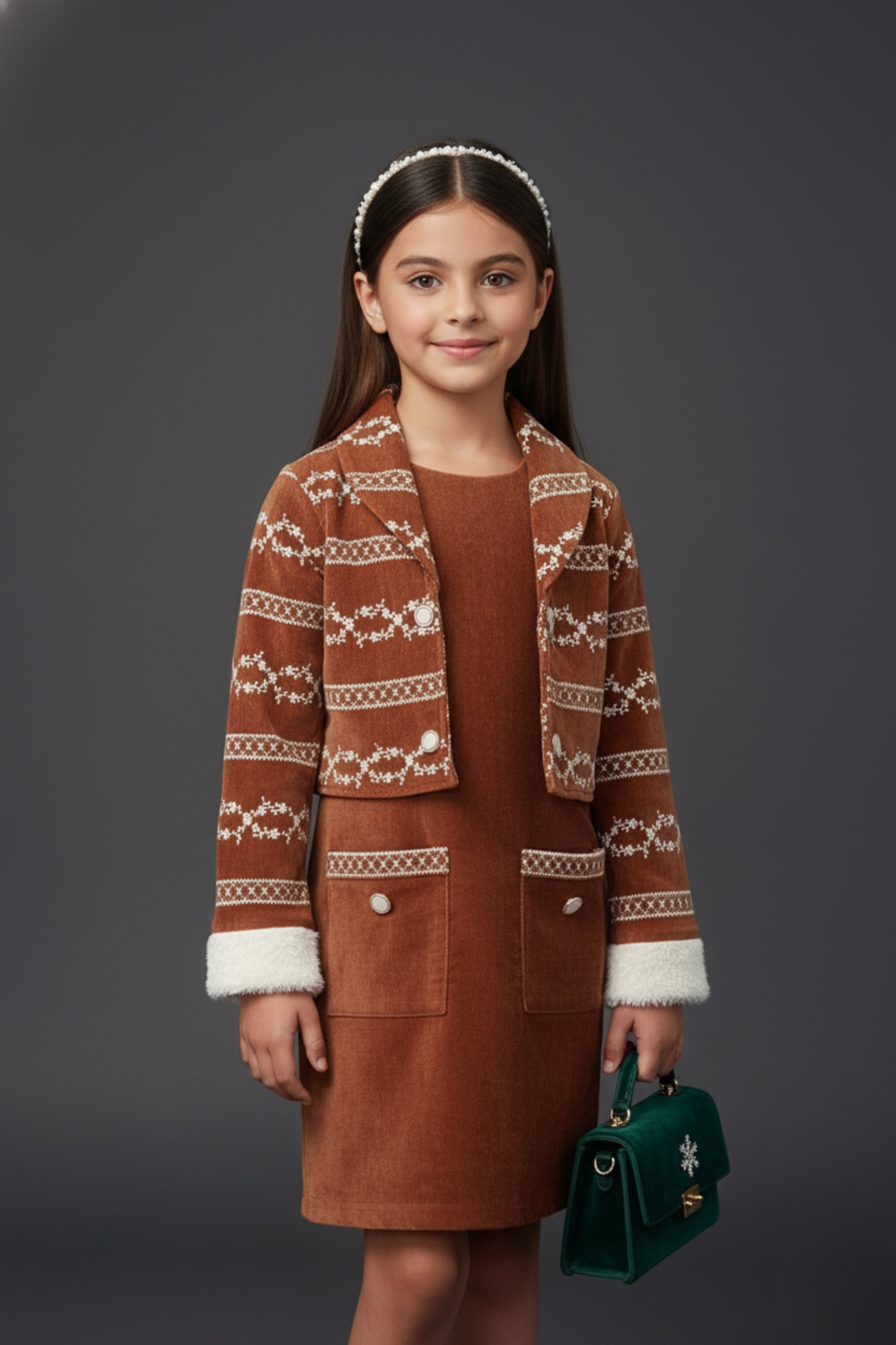 TinyGirls Brown Winter Dress & Jacket Set – Stylish Warm Wear