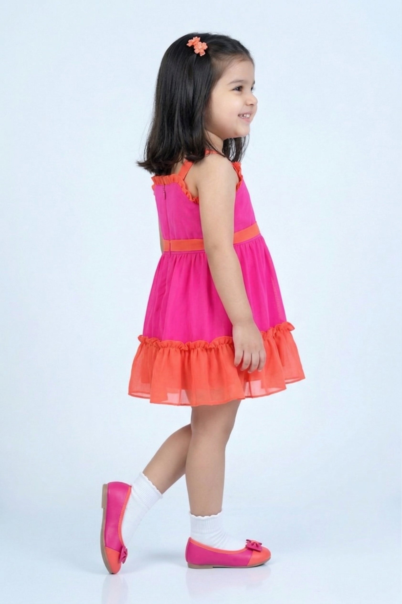 Girls Hot Pink & Coral Ruffle Hem Dress TSM30578