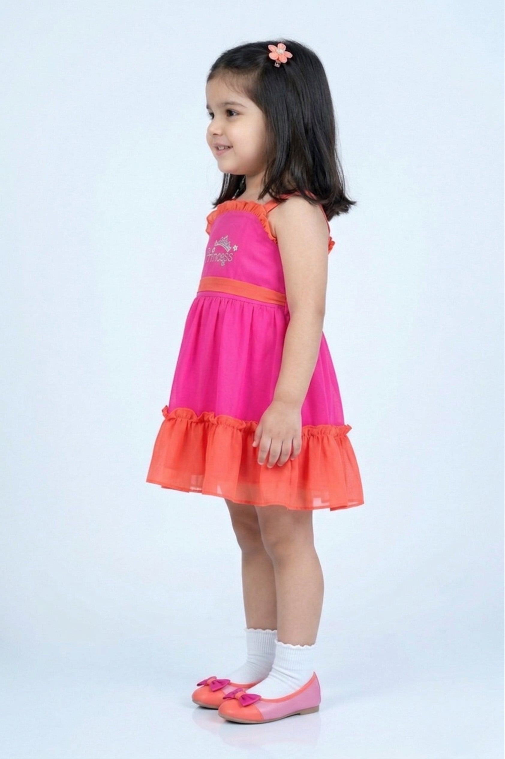Girls Hot Pink & Coral Ruffle Hem Dress TSM30578