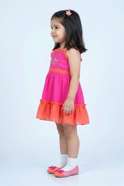 Girls Hot Pink & Coral Ruffle Hem Dress TSM30578