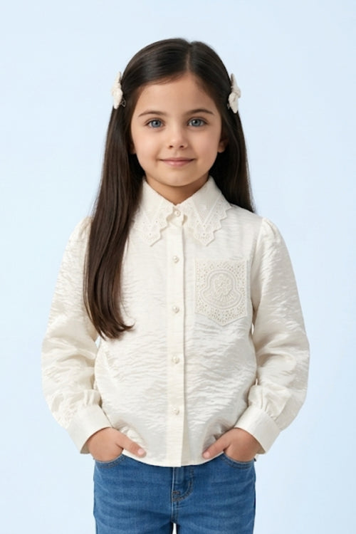 Off-White Satin Top with Lace Collar TG6450