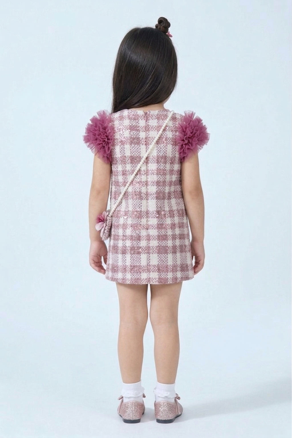 Girls Purple Checkered Puff Sleeve Dress TSM30584