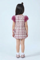 Girls Purple Checkered Puff Sleeve Dress TSM30584