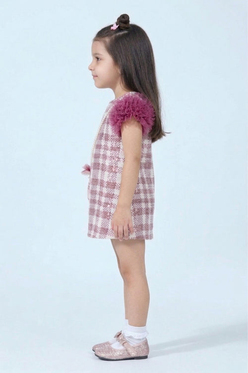 Girls Purple Checkered Puff Sleeve Dress TSM30584