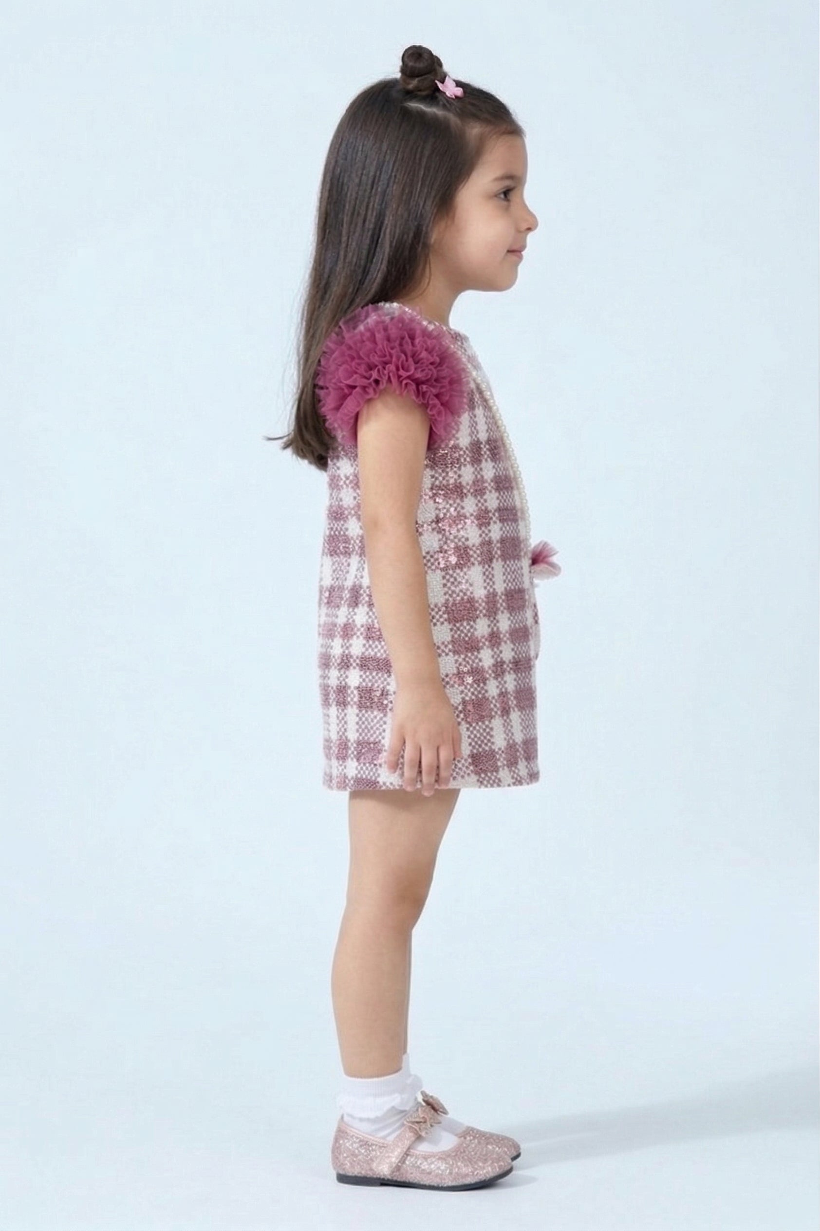 Girls Purple Checkered Puff Sleeve Dress TSM30584