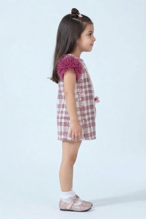 Girls Purple Checkered Puff Sleeve Dress TSM30584