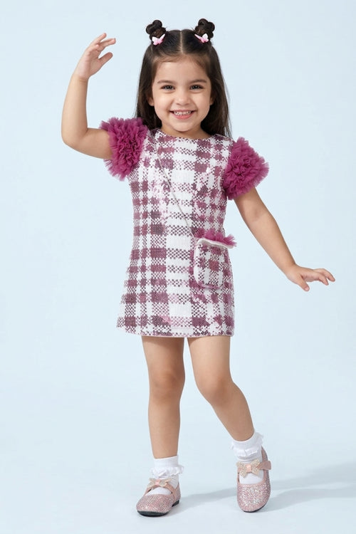 Girls Purple Checkered Puff Sleeve Dress TSM30584