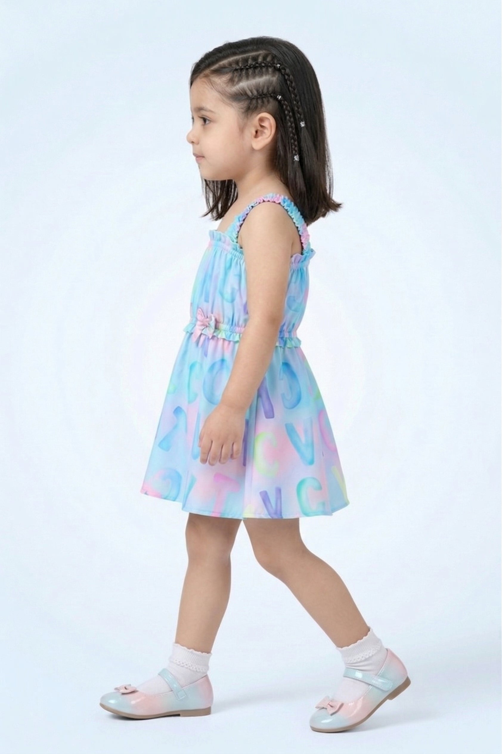 Girls Sky Blue Alphabet Print Ruffle Strap Dress TSM30582