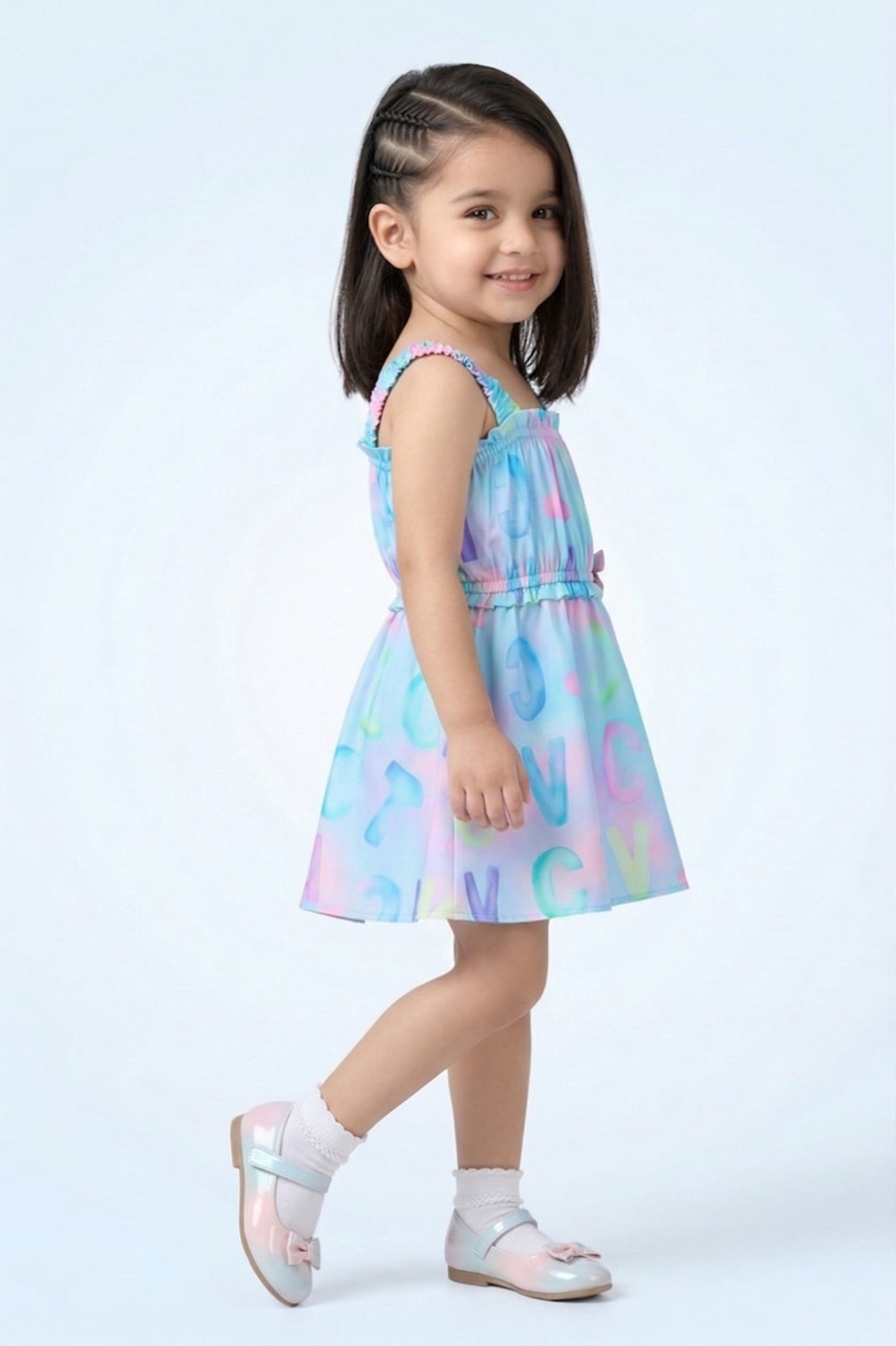 Girls Sky Blue Alphabet Print Ruffle Strap Dress TSM30582