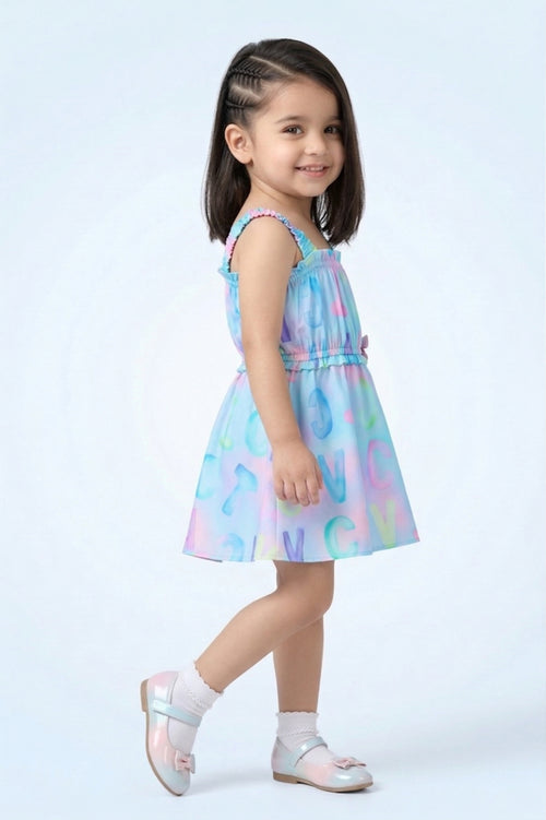 Girls Sky Blue Alphabet Print Ruffle Strap Dress TSM30582