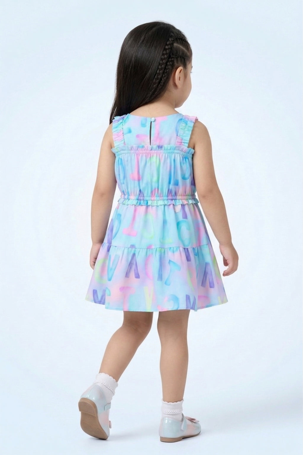 Girls Sky Blue Alphabet Print Ruffle Strap Dress TSM30582
