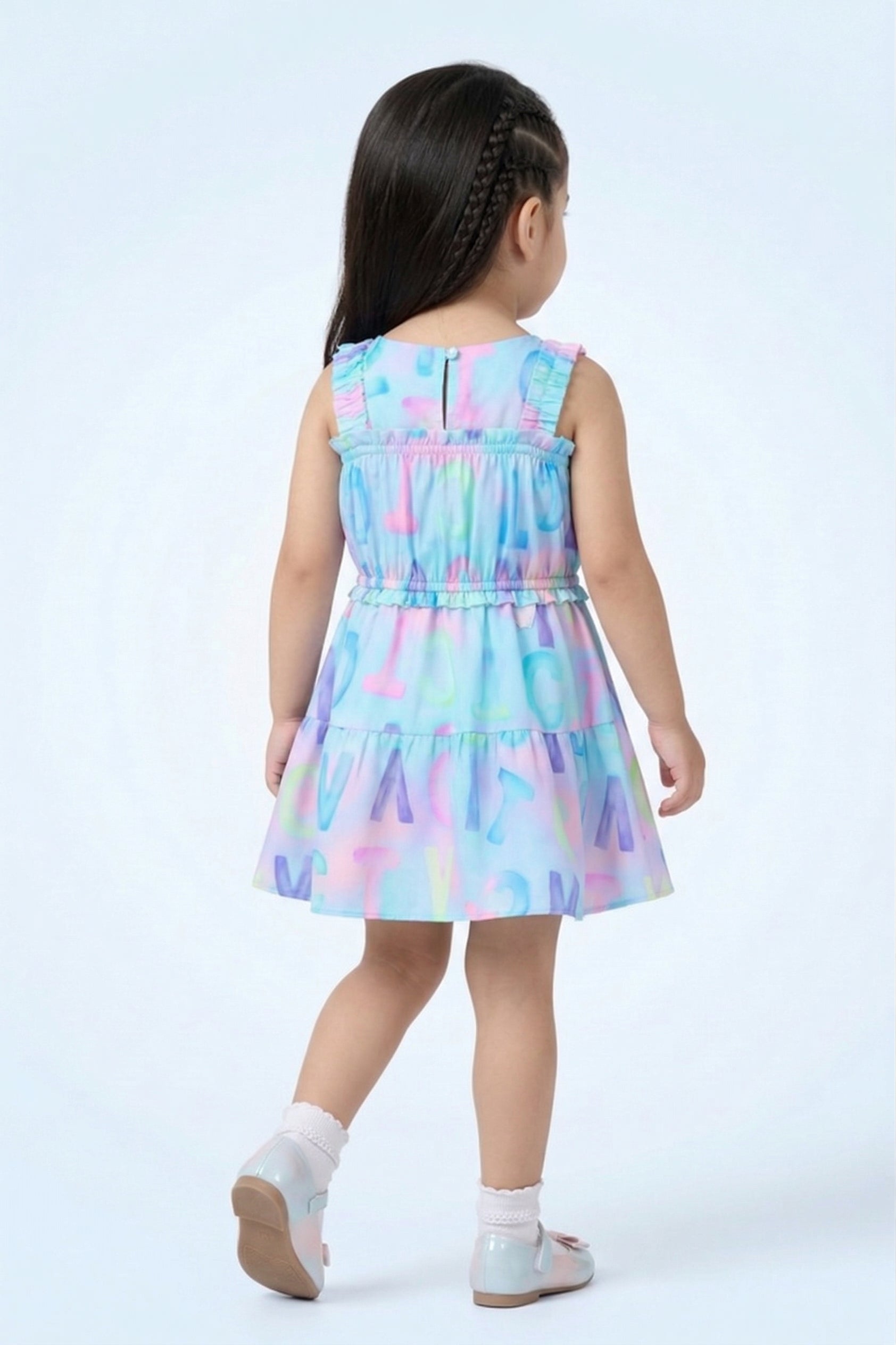 Girls Sky Blue Alphabet Print Ruffle Strap Dress TSM30582