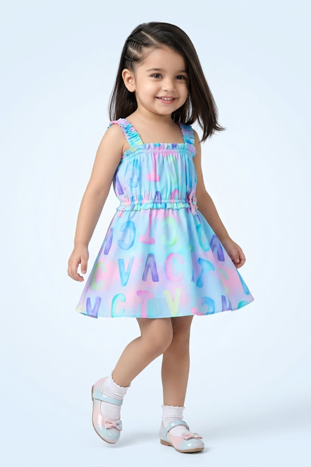 Girls Sky Blue Alphabet Print Ruffle Strap Dress TSM30582