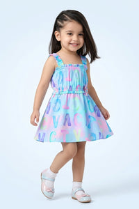Girls Sky Blue Alphabet Print Ruffle Strap Dress TSM30582