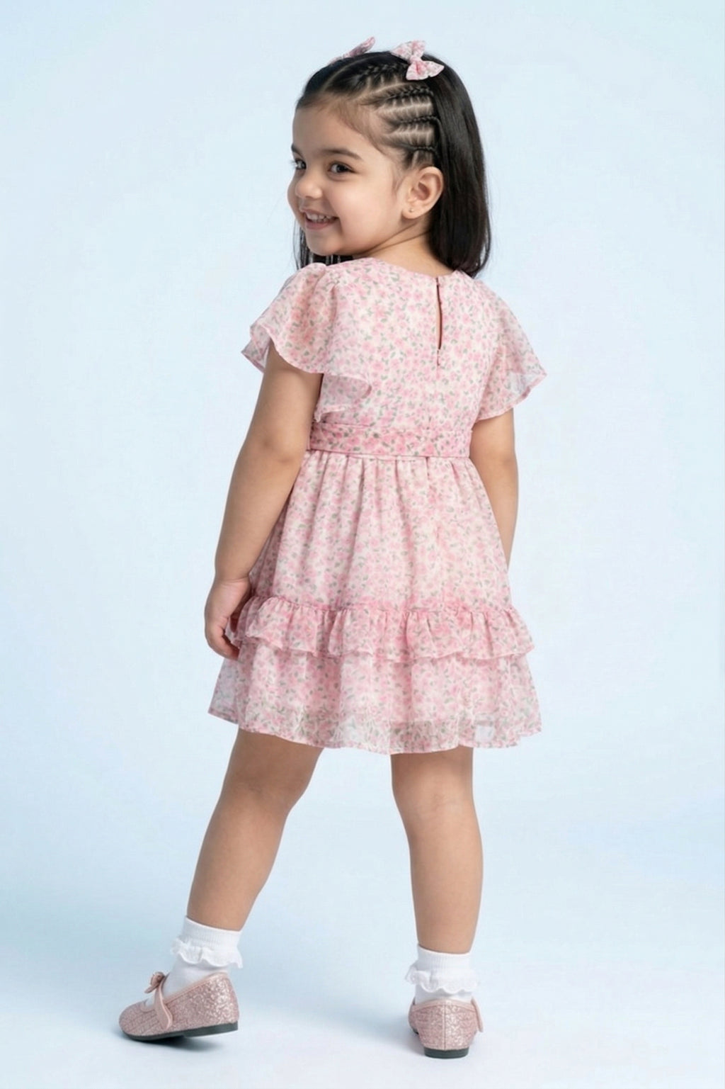 Girls Pink Floral Flutter Sleeves Dress TSM30562