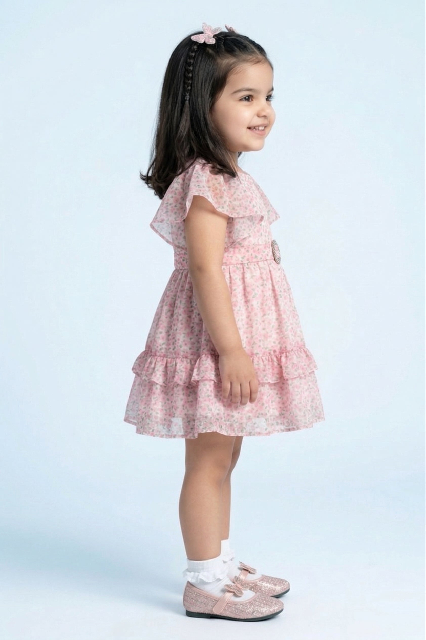 Girls Pink Floral Flutter Sleeves Dress TSM30562