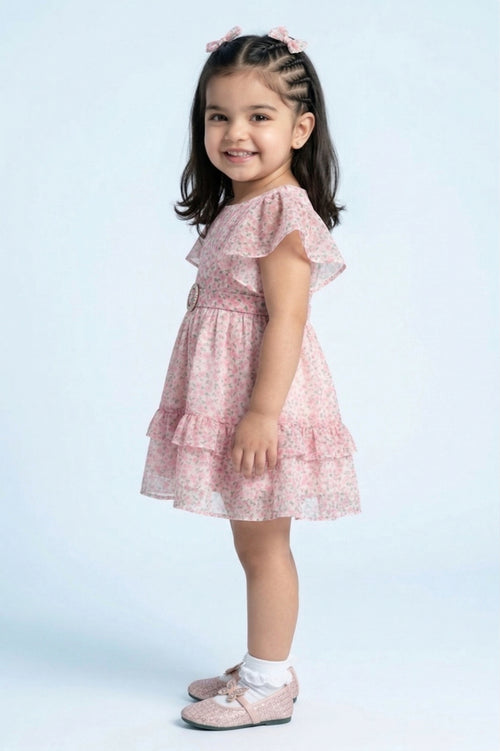 Girls Pink Floral Flutter Sleeves Dress TSM30562