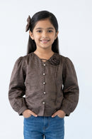 Burgundy Satin Top with Floral Appliqué TG6449