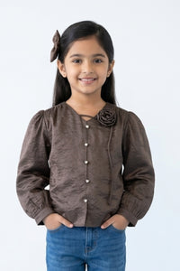 Burgundy Satin Top with Floral Appliqué TG6449