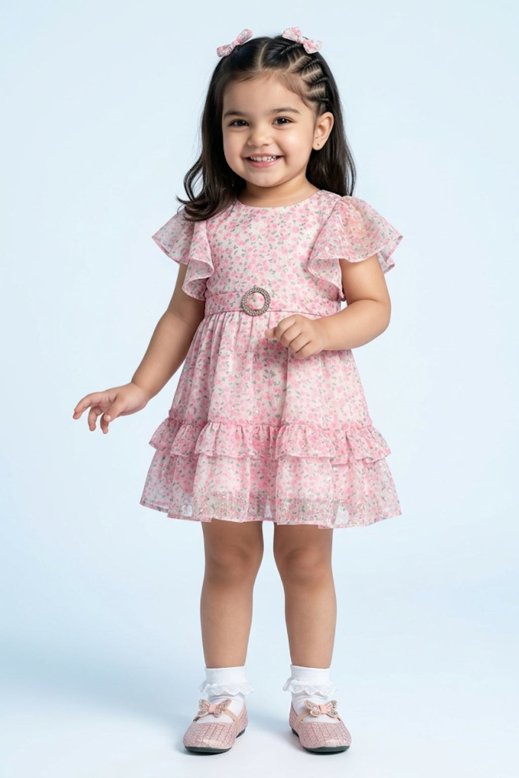 Girls Pink Floral Flutter Sleeves Dress TSM30562