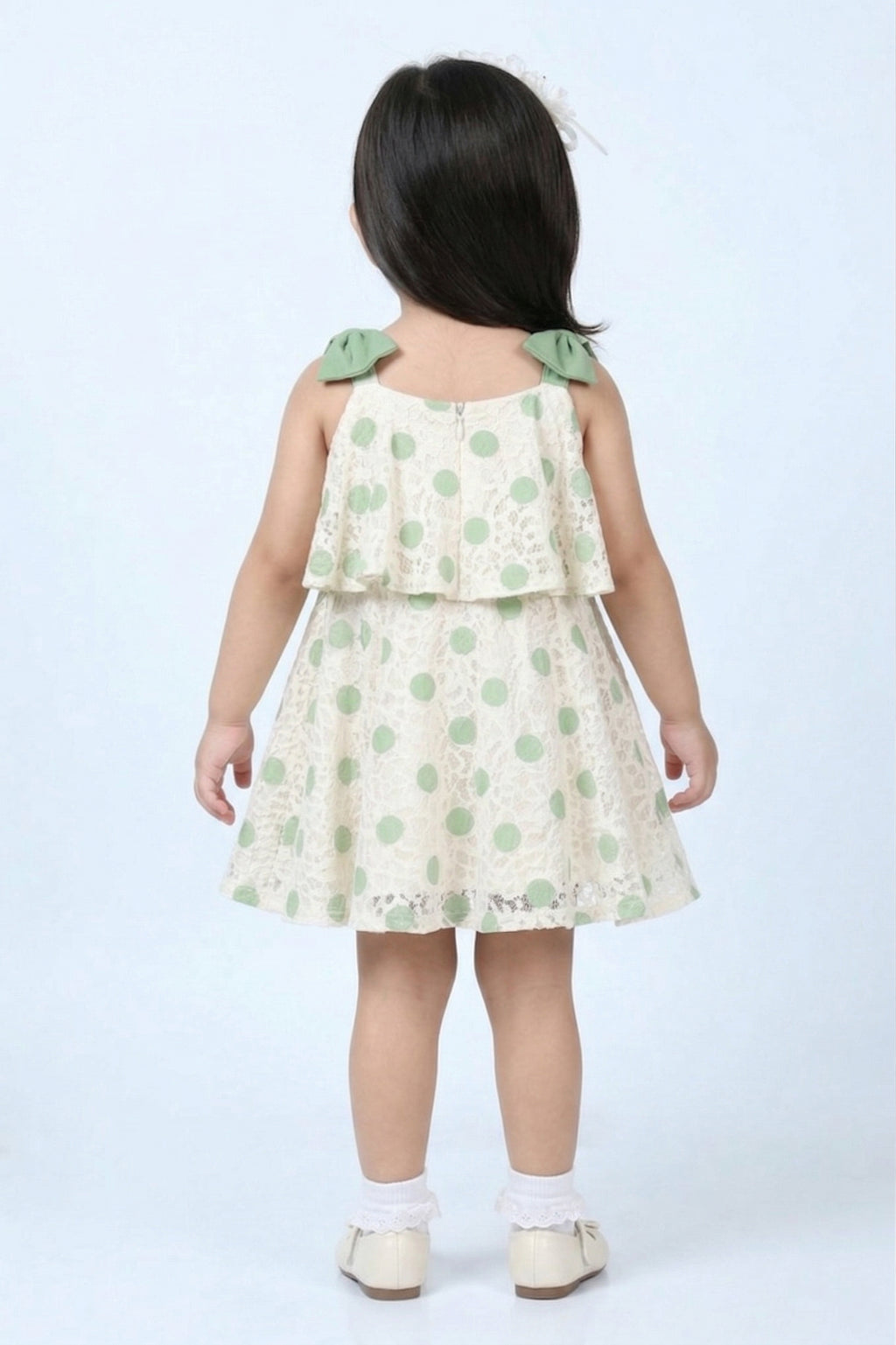 Girls Sea Green Polka Dot Layered Dress TSM30419