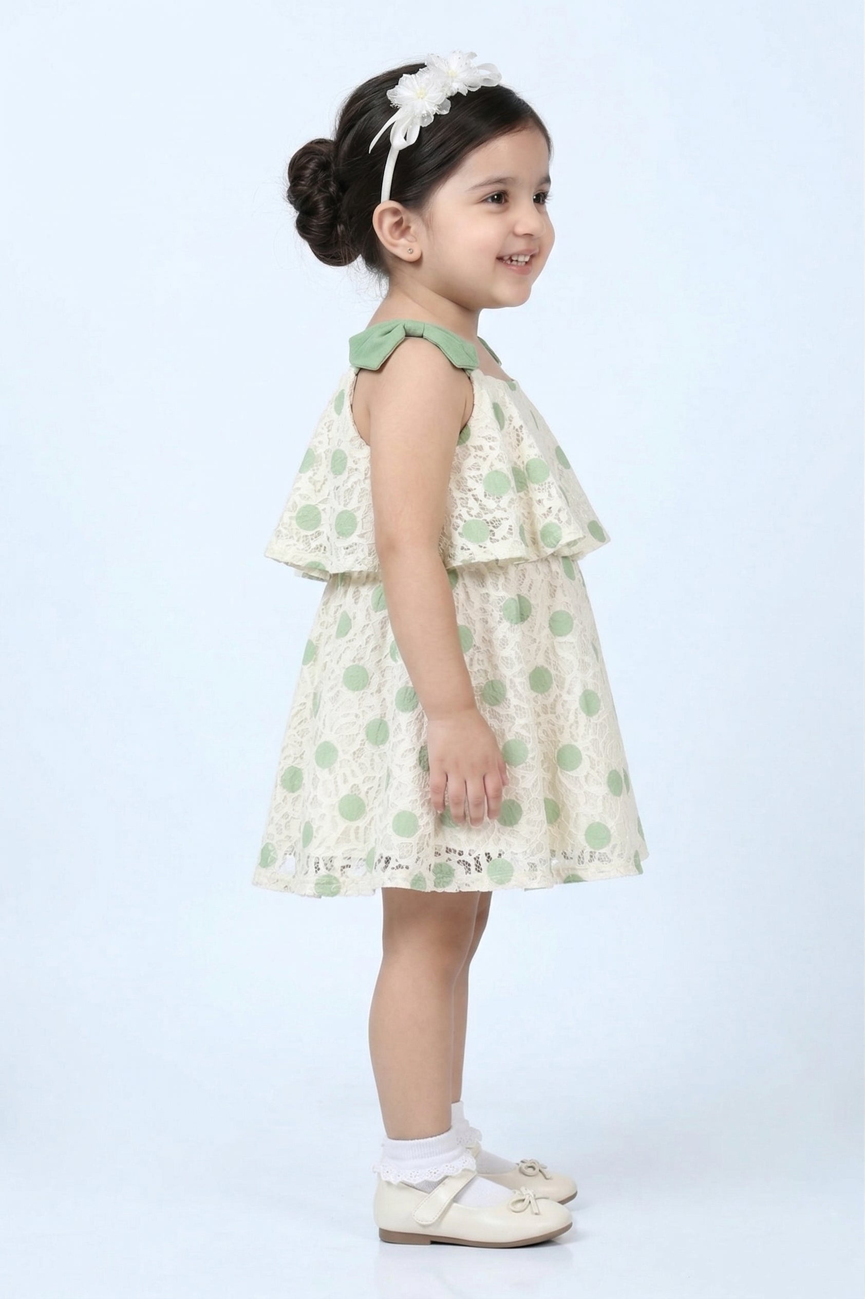 Girls Sea Green Polka Dot Layered Dress TSM30419