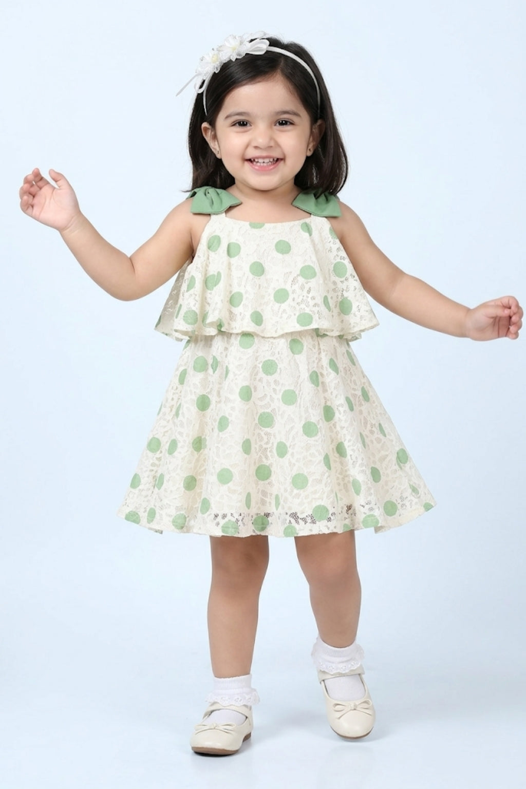 Girls Sea Green Polka Dot Layered Dress TSM30419