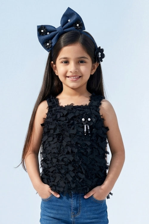 Textured Black Sleeveless Top with Fringe & Bow TG6425
