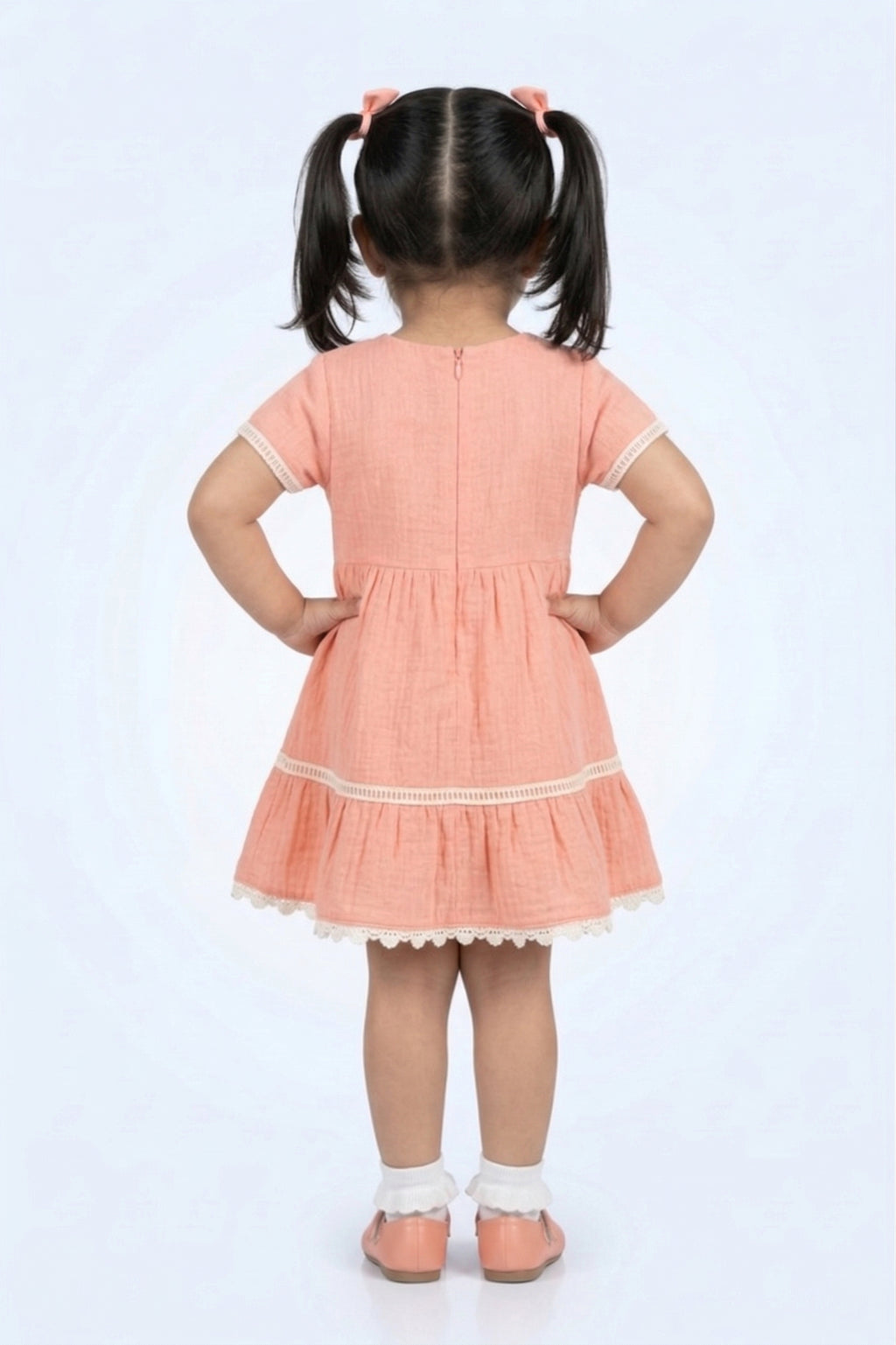 Peach Cotton Dress with Lace Trim & Button Detail TSM30730