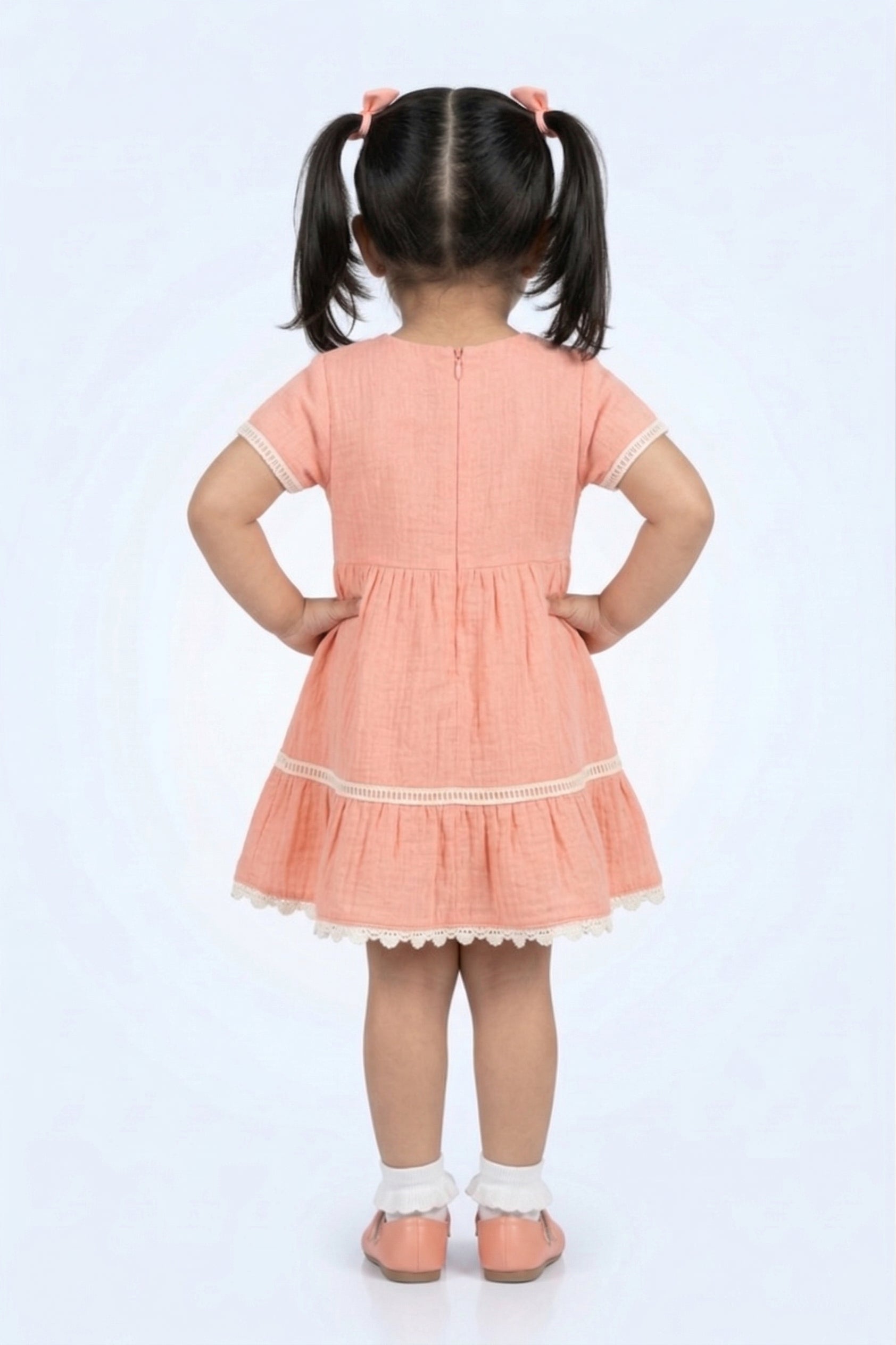 Peach Cotton Dress with Lace Trim & Button Detail TSM30730